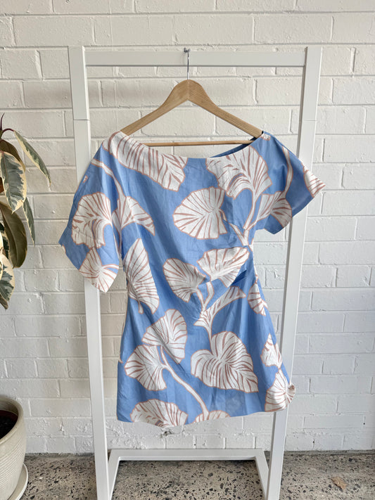 Kivari Blue/Ivory Ilana Off Shoulder Mini Dress - Size 8