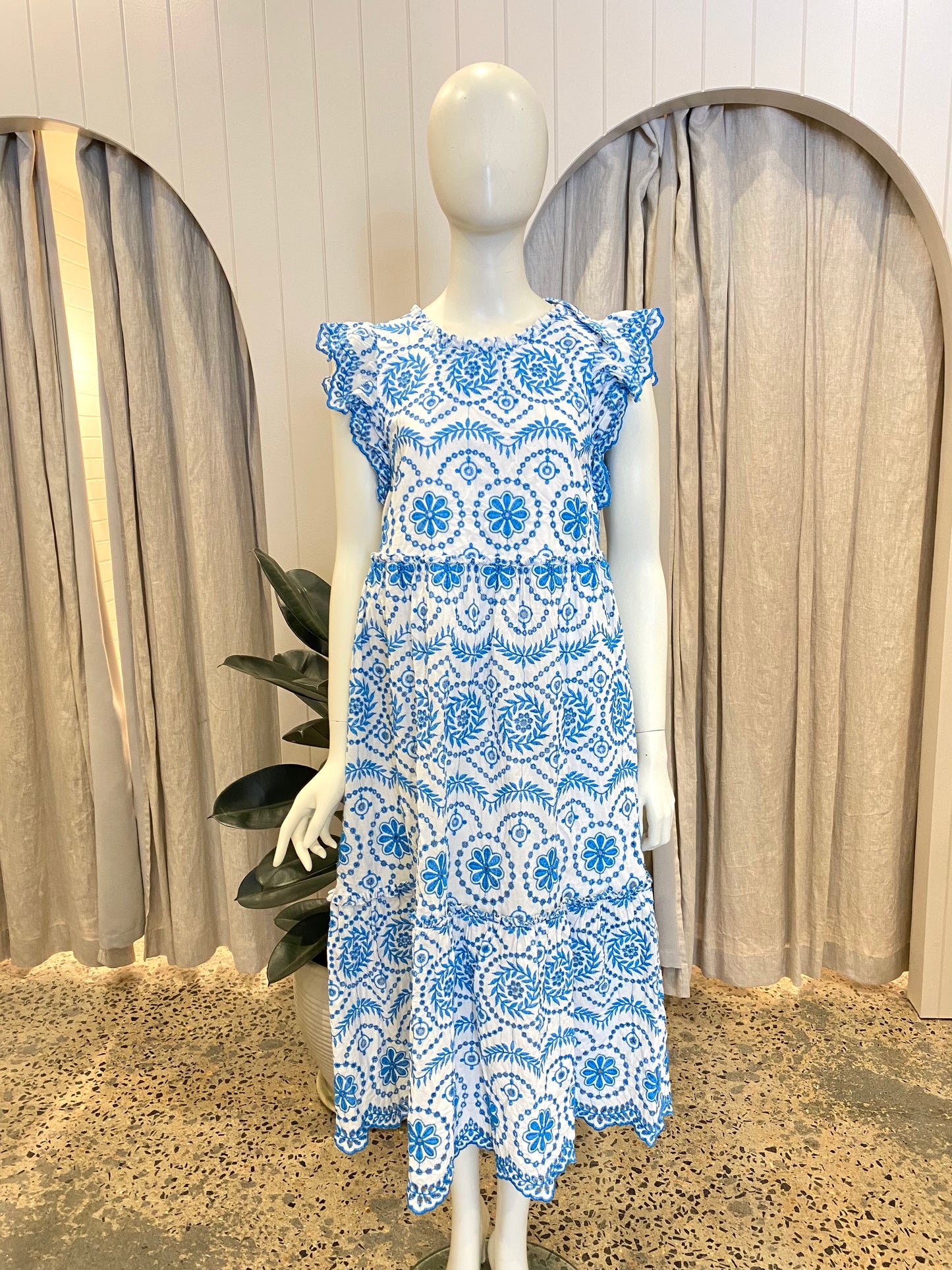 Kachel White and Blue Broderie Angelas Midi Dress - Size 12