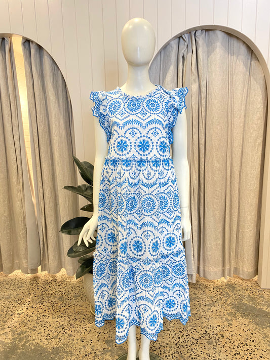 Kachel White and Blue Broderie Angelas Midi Dress - Size 12