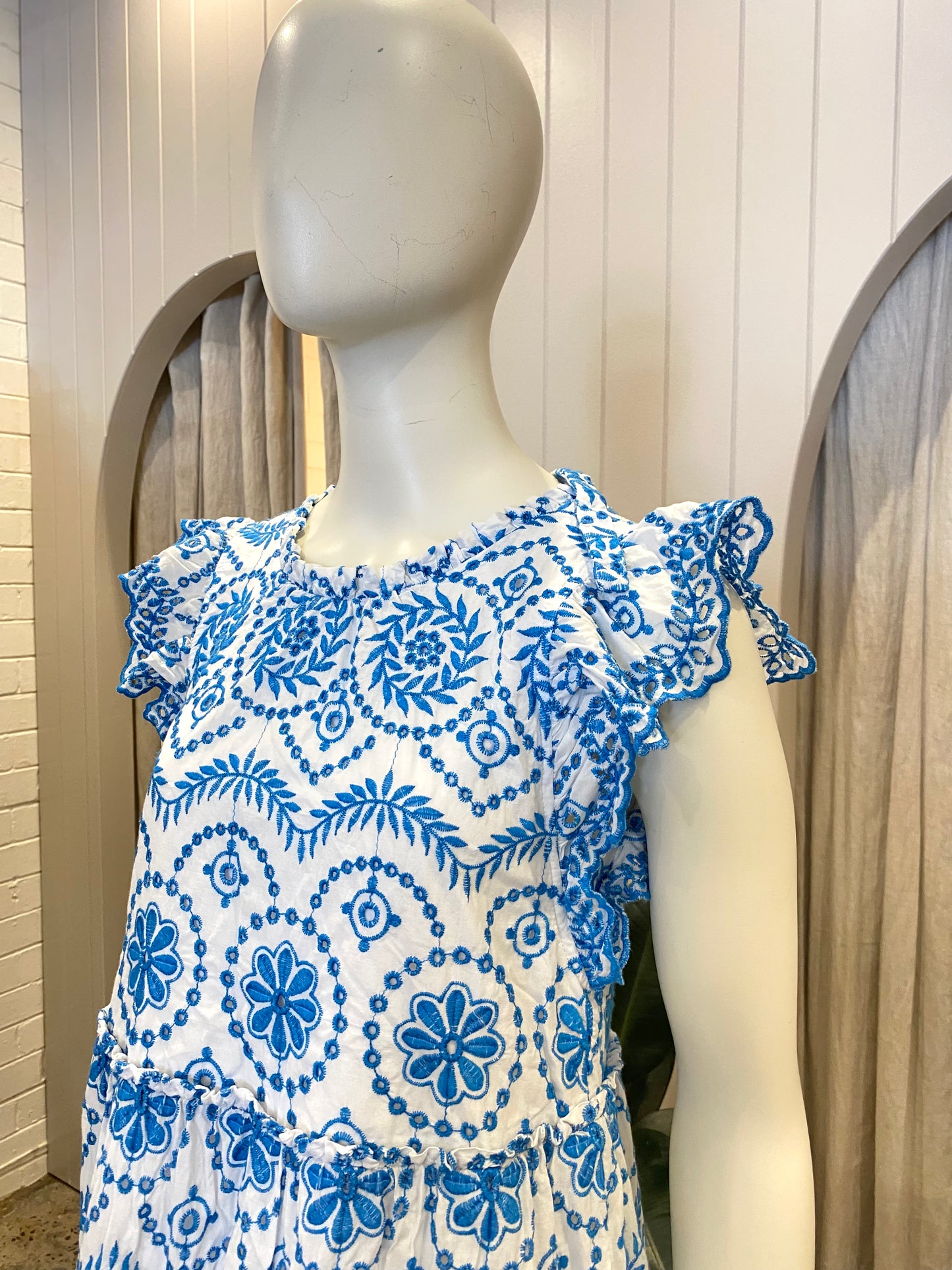 Kachel White and Blue Broderie Angelas Midi Dress - Size 12