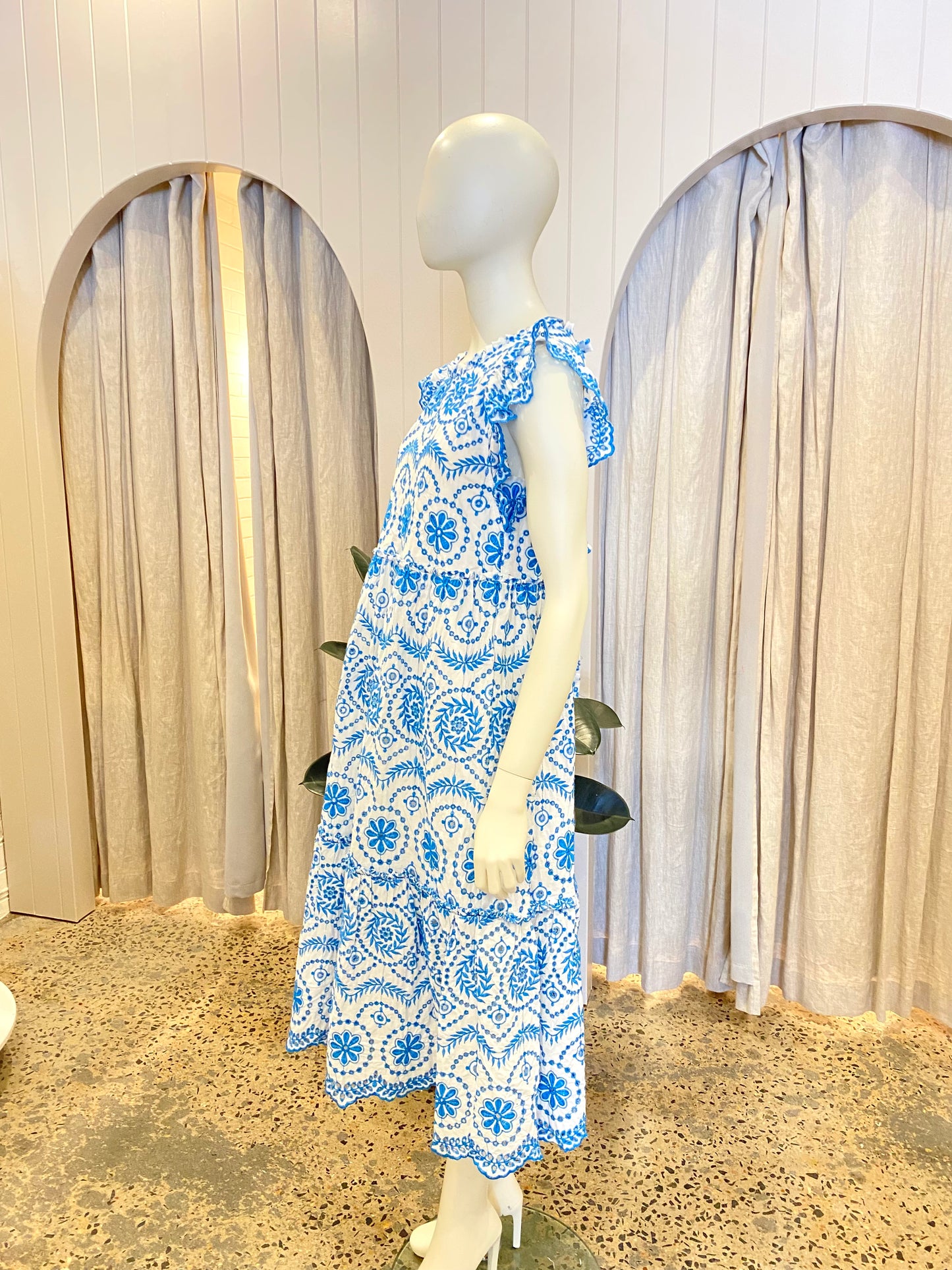 Kachel White and Blue Broderie Angelas Midi Dress - Size 12