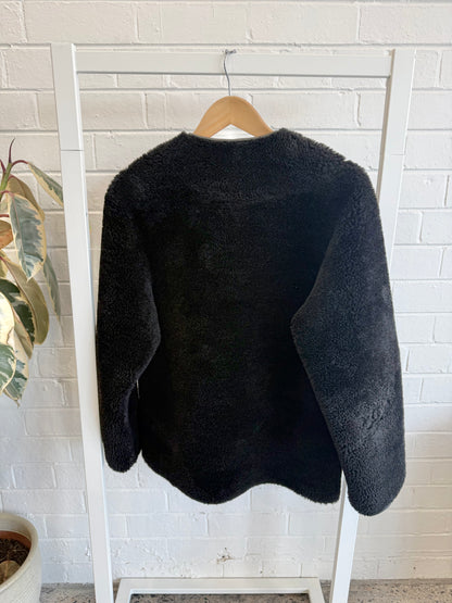 Mango Cropped Teddy Jacket in Black - Size 8/10