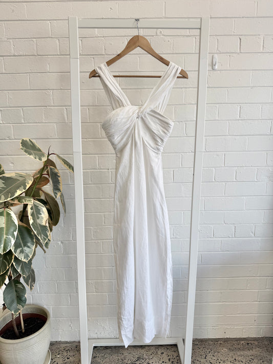 Country Road Twist Front Linen Midi Dress in White - Size 8