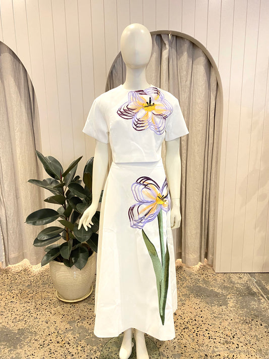 Sunfere Angelica Floral Applique Short Sleeve Top & Skirt Set - Size 10