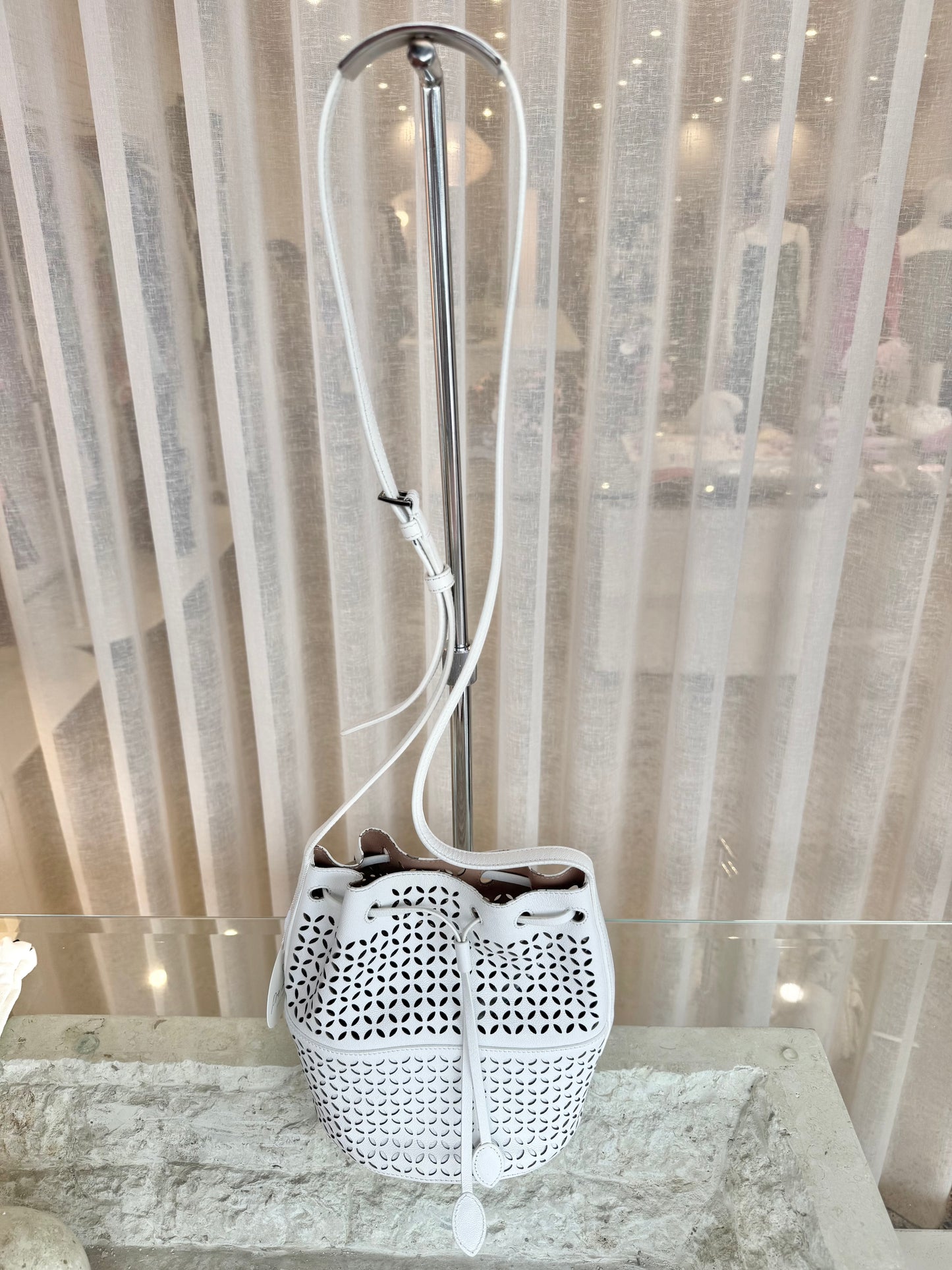 Alaia White Laiser Cut Bucket Bag