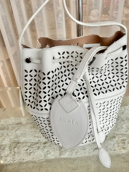 Alaia White Laiser Cut Bucket Bag