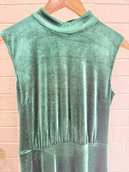 Warehouse Emerald Green Velvet Sleeveless Midi Dress - Size 10