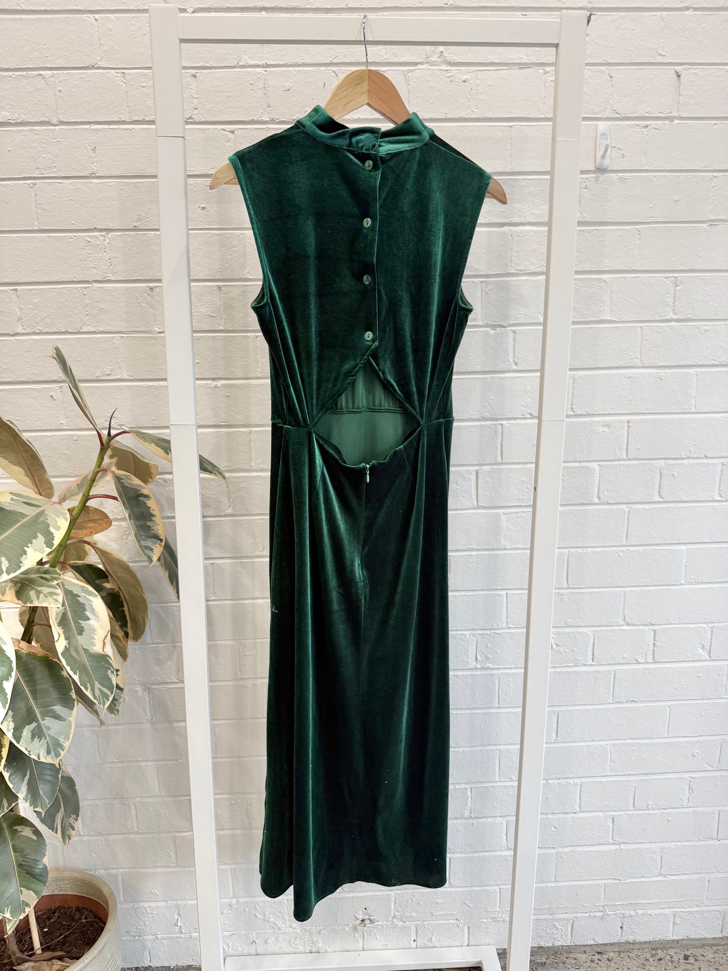 Warehouse Emerald Green Velvet Sleeveless Midi Dress - Size 10