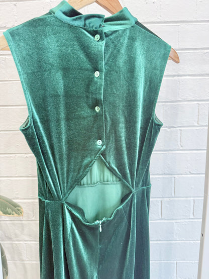Warehouse Emerald Green Velvet Sleeveless Midi Dress - Size 10
