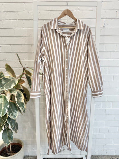 Commonry Mocha/White Stripe Maxi Shirt Dress - Size 18