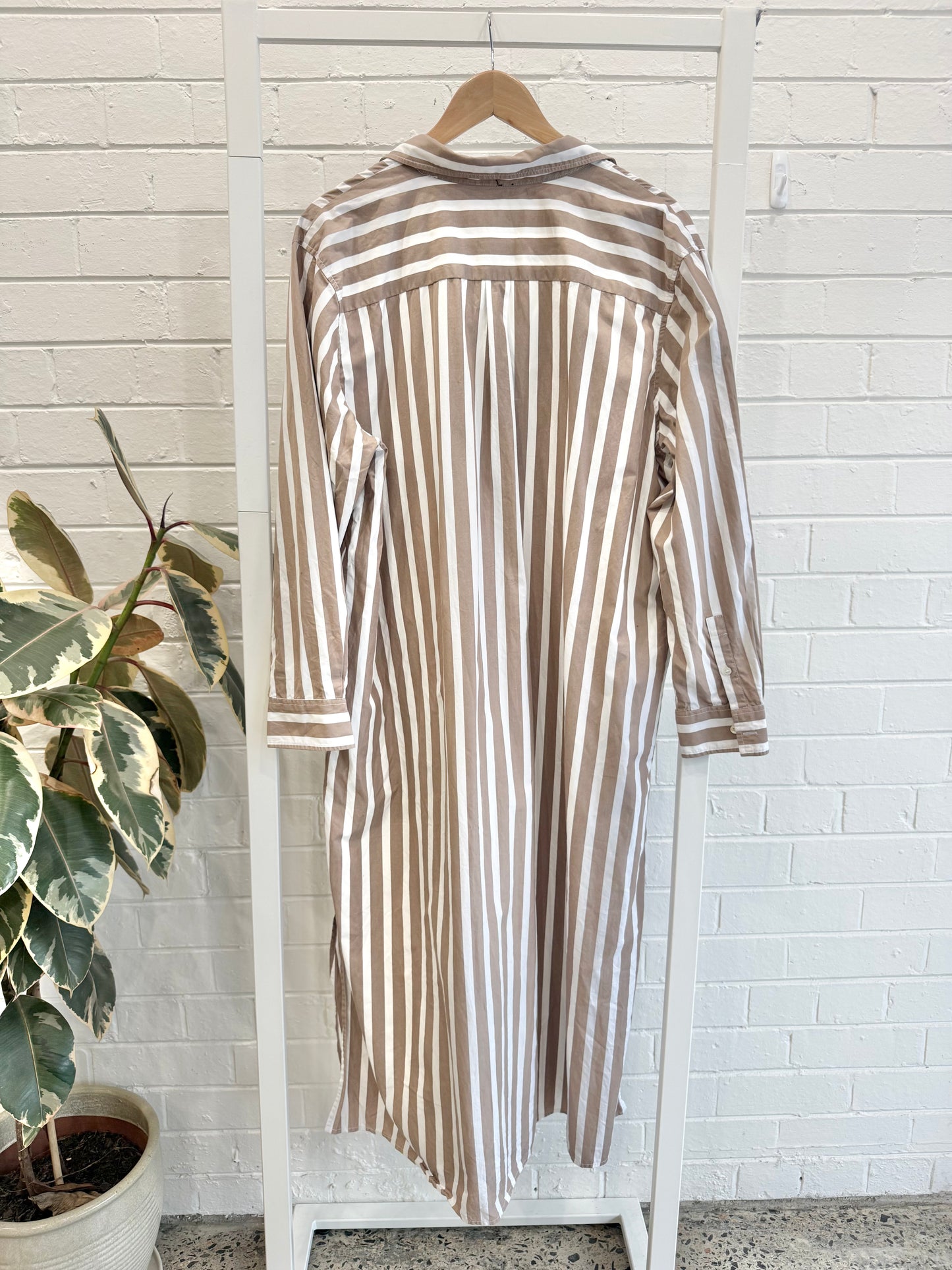 Commonry Mocha/White Stripe Maxi Shirt Dress - Size 18