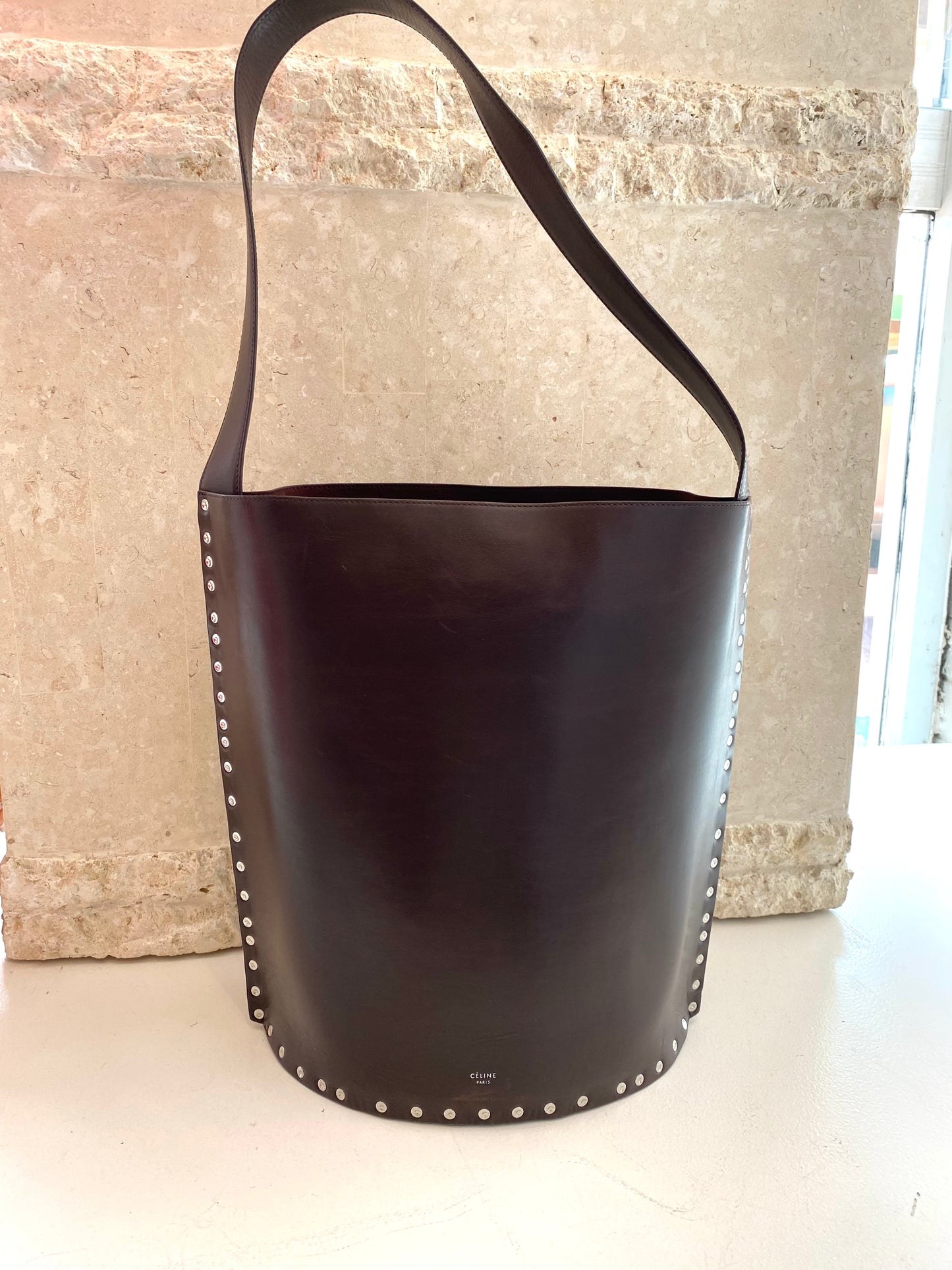 Celine Large Studded Bucket Bag in Dark Brown