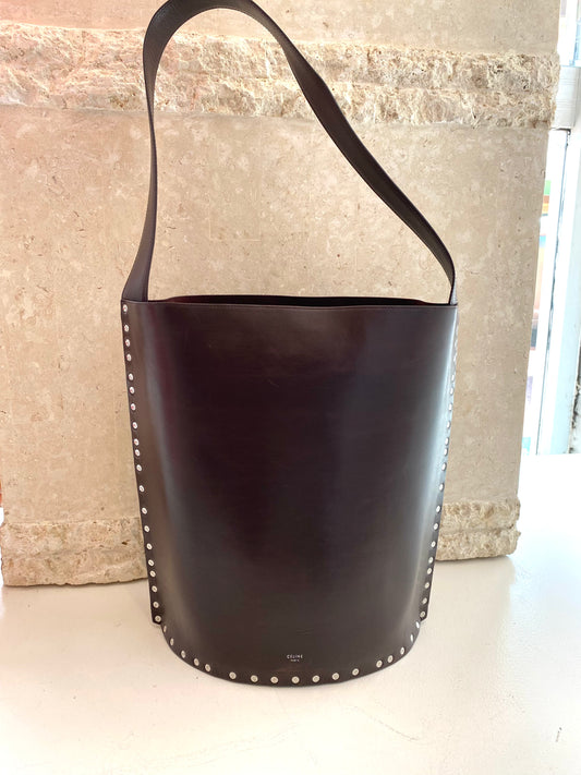Celine Large Studded Bucket Bag in Dark Brown