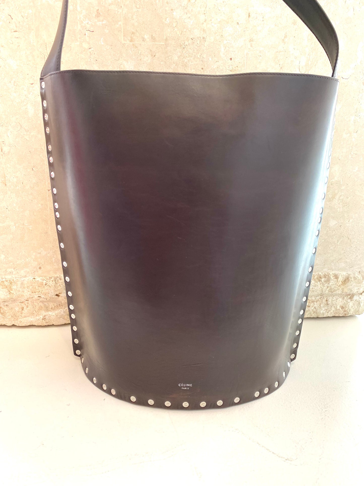 Celine Large Studded Bucket Bag in Dark Brown