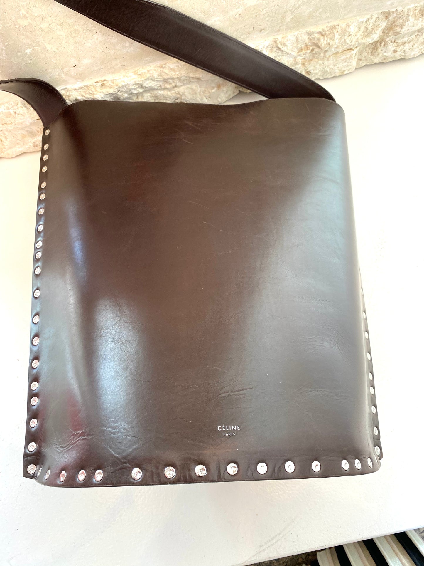 Celine Large Studded Bucket Bag in Dark Brown