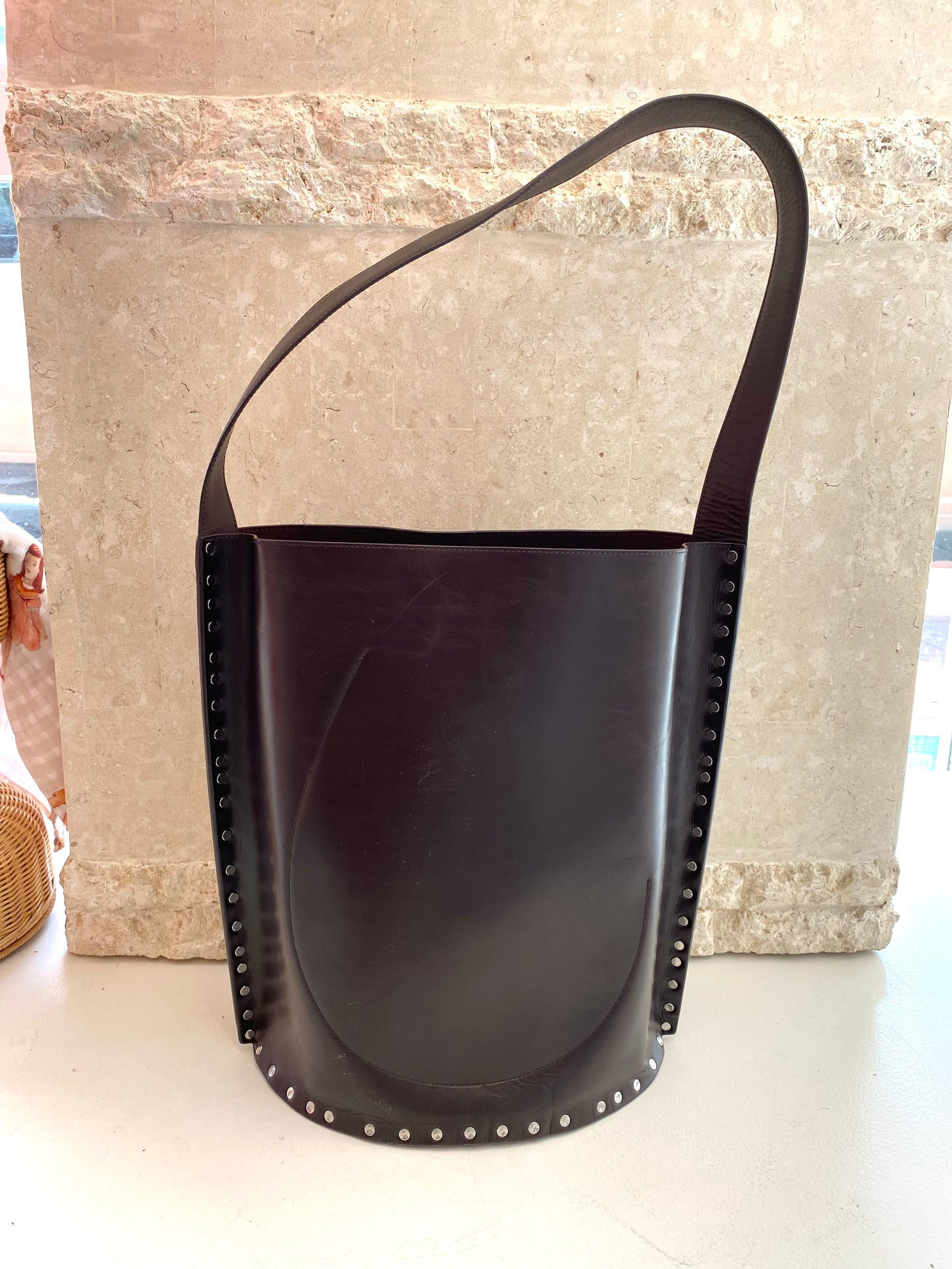 Celine Large Studded Bucket Bag in Dark Brown