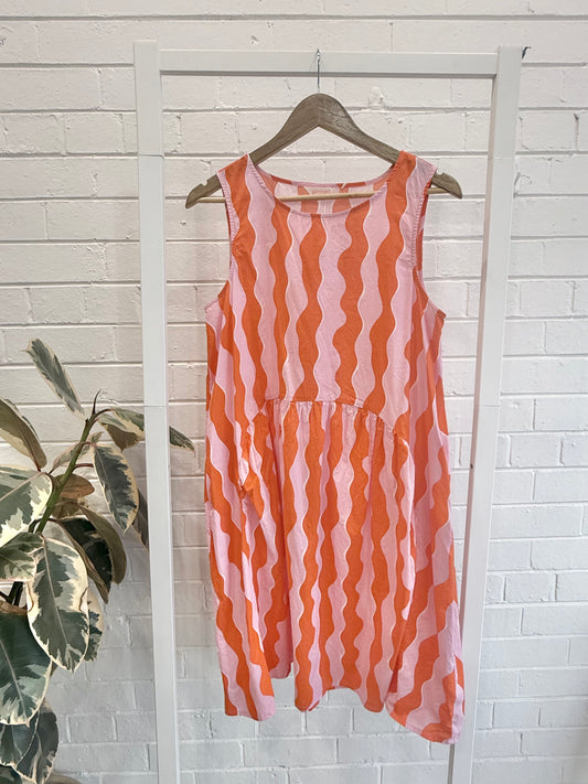 Gorman Pink/Orange Seashore Midi Wiggle Dress - Size 10