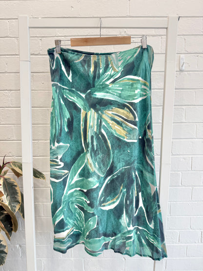 Variety Hour Green Leaf Silk Midi Skirt - Size XL (14)