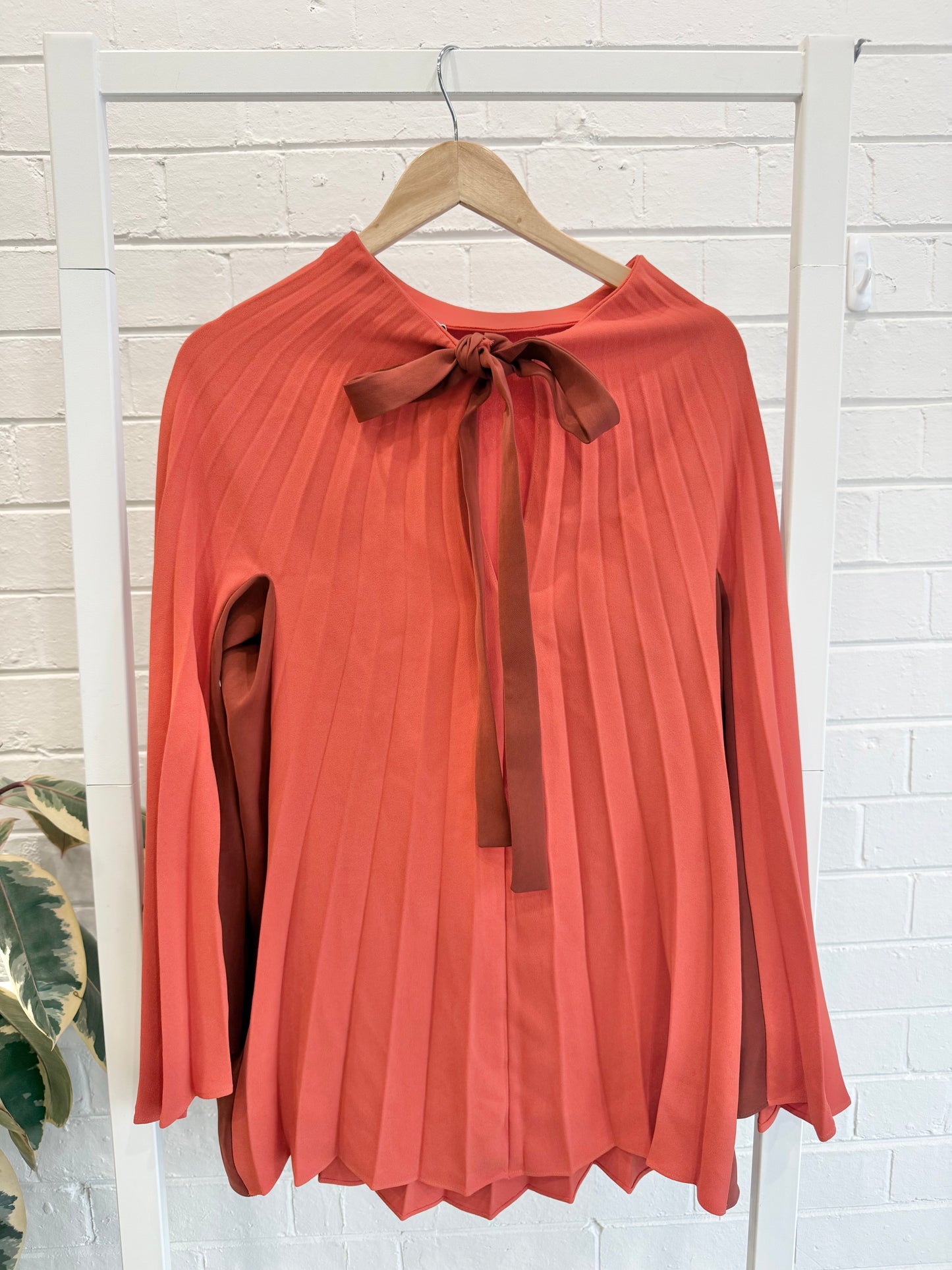 Bianca Spender Burnt Orange Crepe Regan Top - Size M (10 - 12)