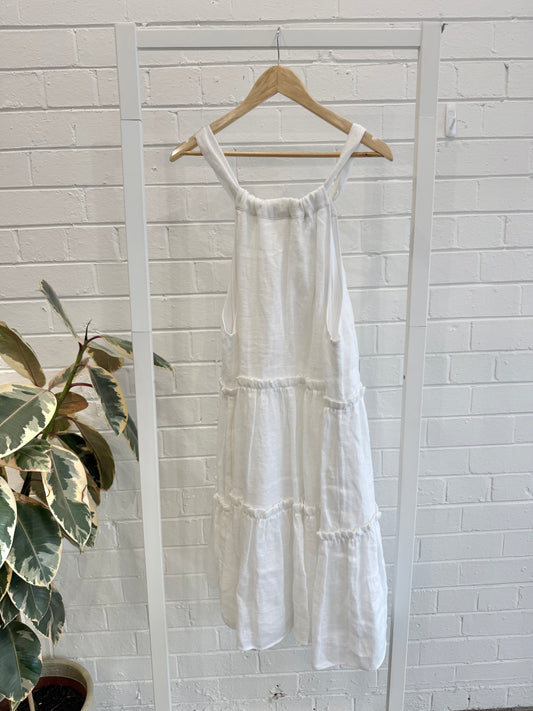 Country Road White Linen Crinkle Tiered Mini Dress - Size 16