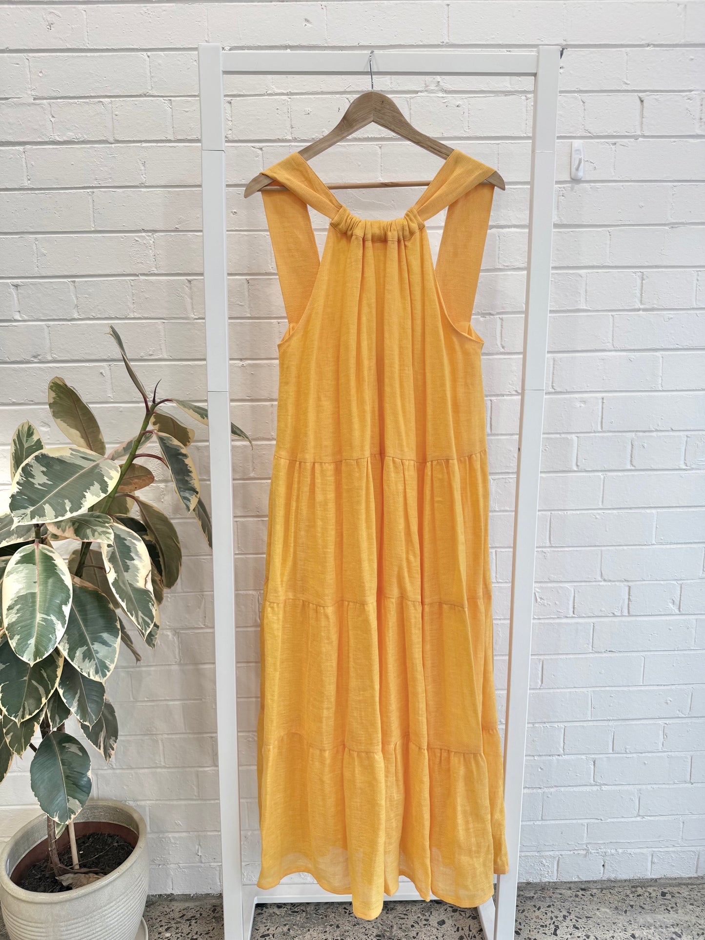 Country Road Tumeric Linen Ruched Tiered Maxi Dress - Size 16