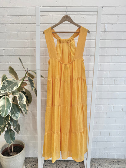 Country Road Tumeric Linen Ruched Tiered Maxi Dress - Size 16