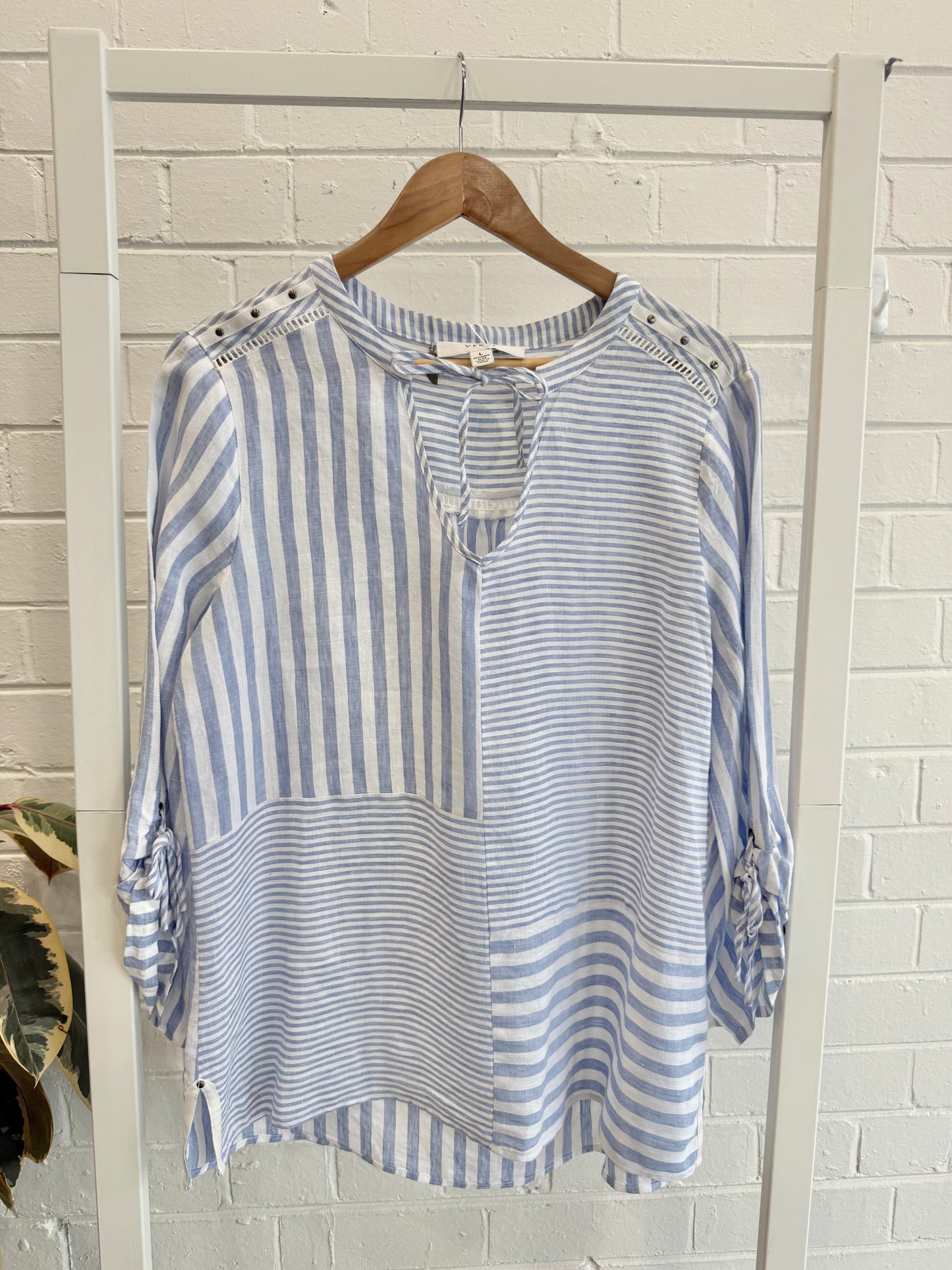 Verge Blue and White Stripe Linen Blouse - Size L (12)