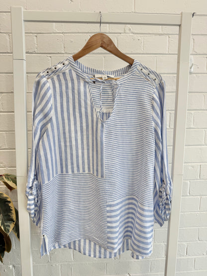 Verge Blue and White Stripe Linen Blouse - Size L (12)