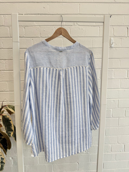 Verge Blue and White Stripe Linen Blouse - Size L (12)