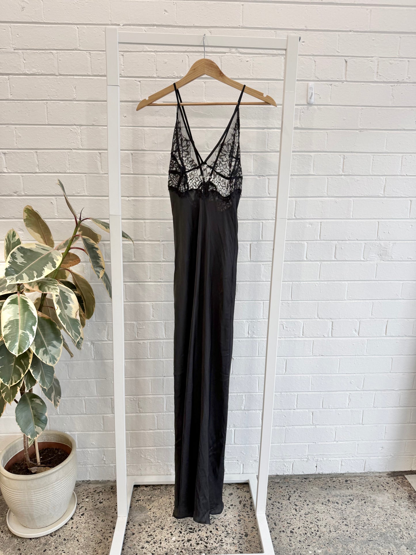 VRG Girl Black Cami Laced Strap Detail Longline Satin Dress - Size 10