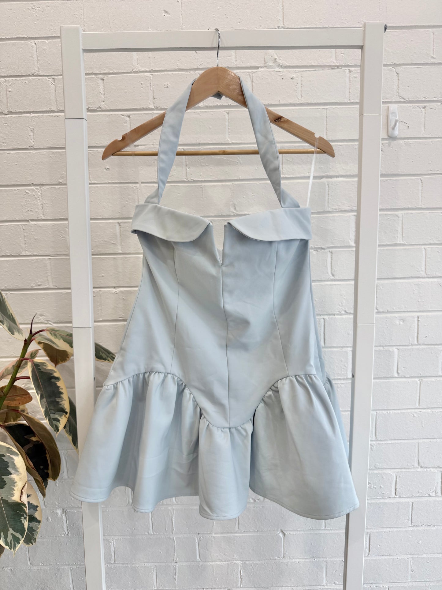 Meshki Cornflower Blue Calipso Halter Mini Dress - Size L (12)