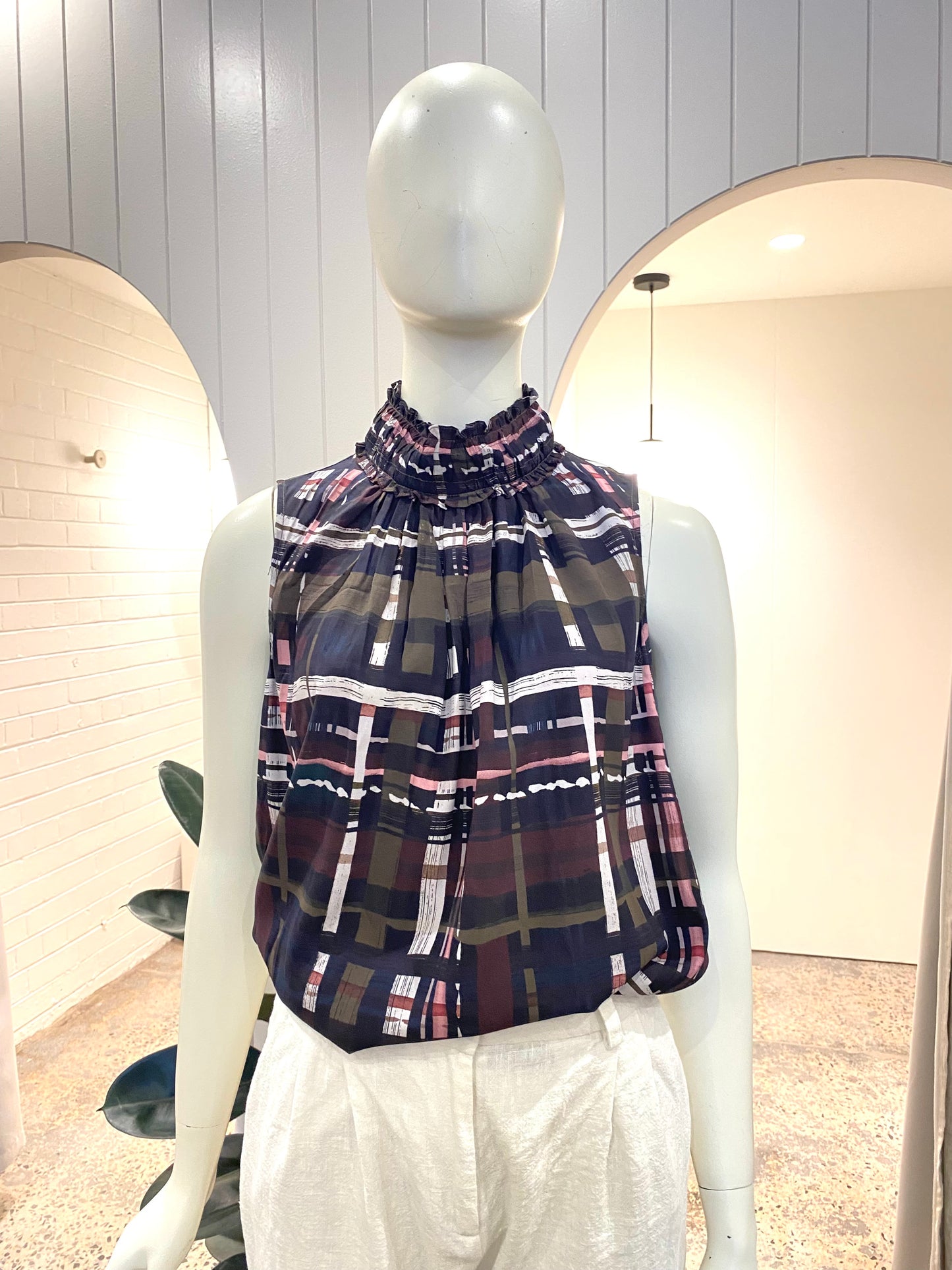 Sally Phillips Silk Check Sleeveless Blouse  - Size 10