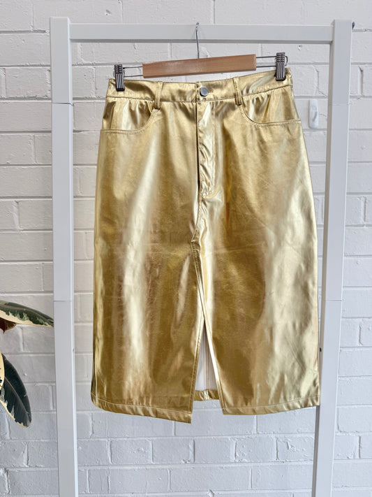 Amy Lynn Lupe Faux-Leather Midi Skirt - Light Gold - Size 12-14