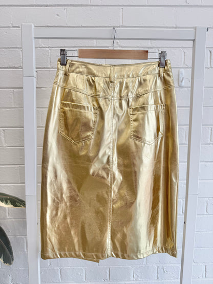 Amy Lynn Lupe Faux-Leather Midi Skirt - Light Gold - Size 12-14