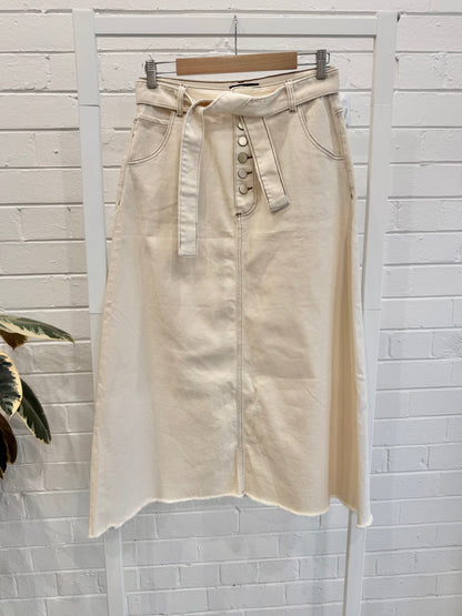 Refuge Cream Denim Long Skirt with Belt - Size 12