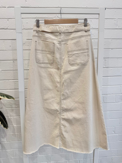 Refuge Cream Denim Long Skirt with Belt - Size 12