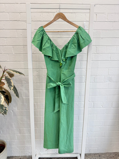 Witchery Linen Ruffle Midi Dress – Vibrant Green - Size 10