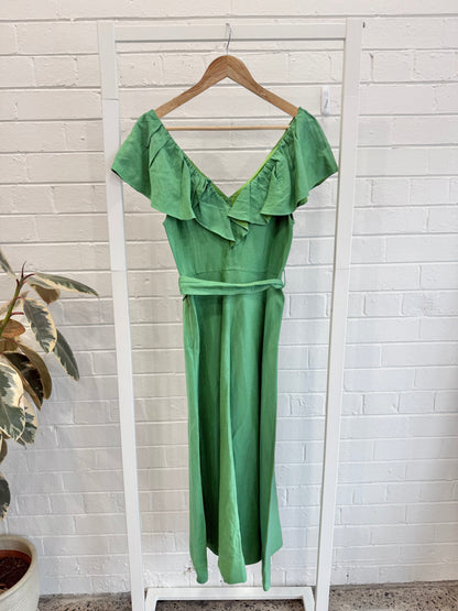 Witchery Linen Ruffle Midi Dress – Vibrant Green - Size 10