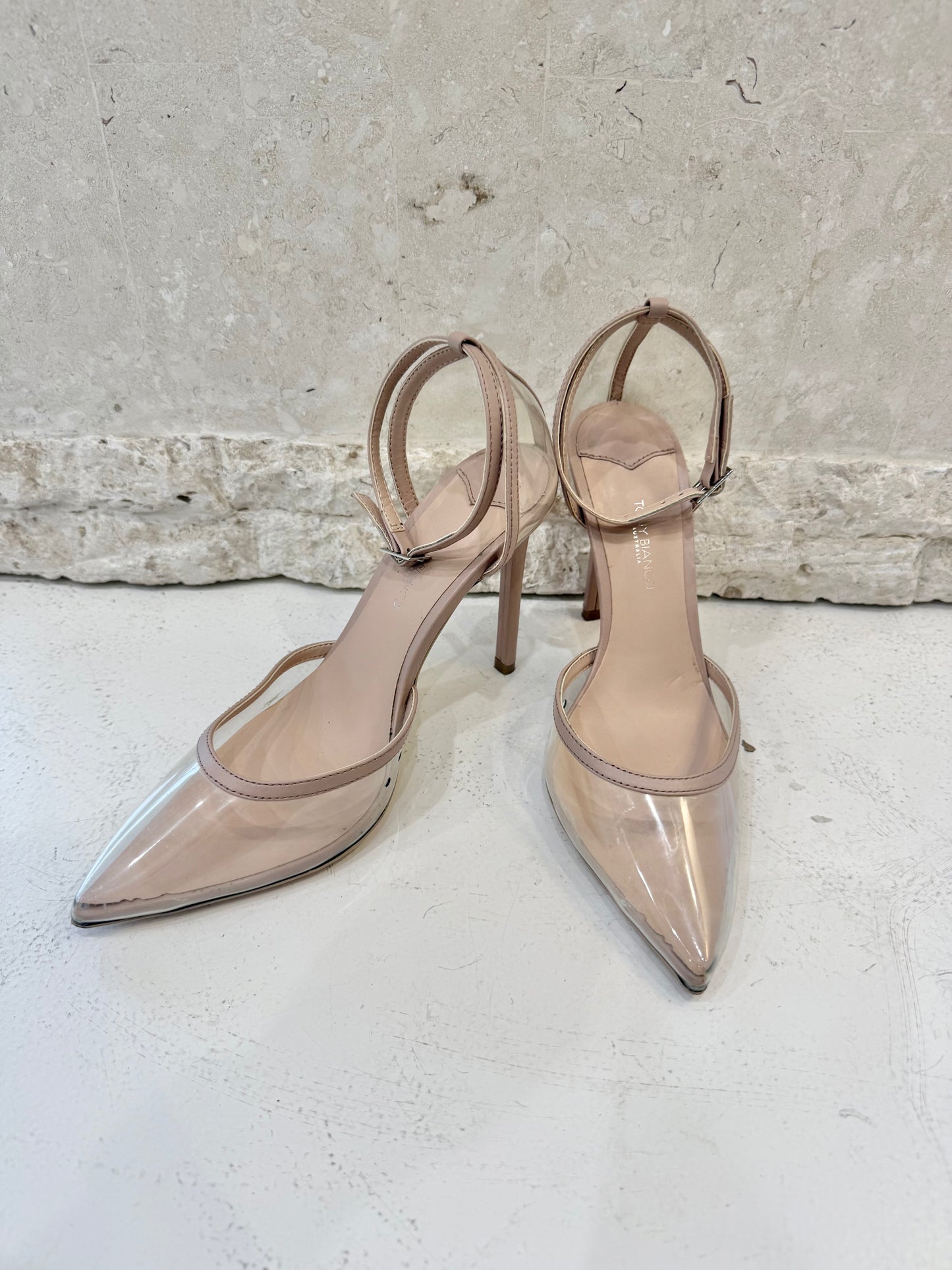 Tony Bianco Lisa Heels – Clear Vinylite & Skin Capretto - Size 7.5