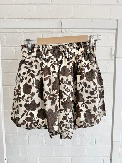 Morton Mac Lora Flared Linen Shorts — Brown Floral - Size L