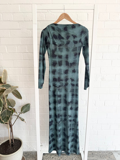 Suboo Shibori Long Sleeve Ruched Maxi Dress in Green Print - Size Small (10)