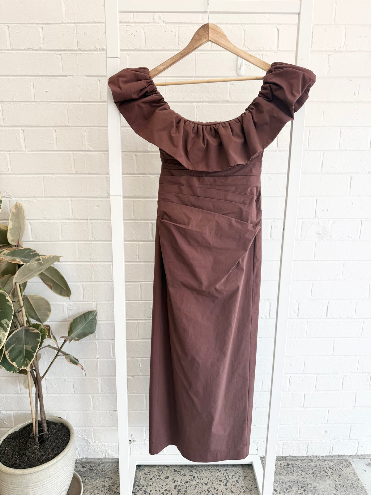 Shona Joy Campbell Ruffle Draped Maxi Dress in Espresso - Size 8