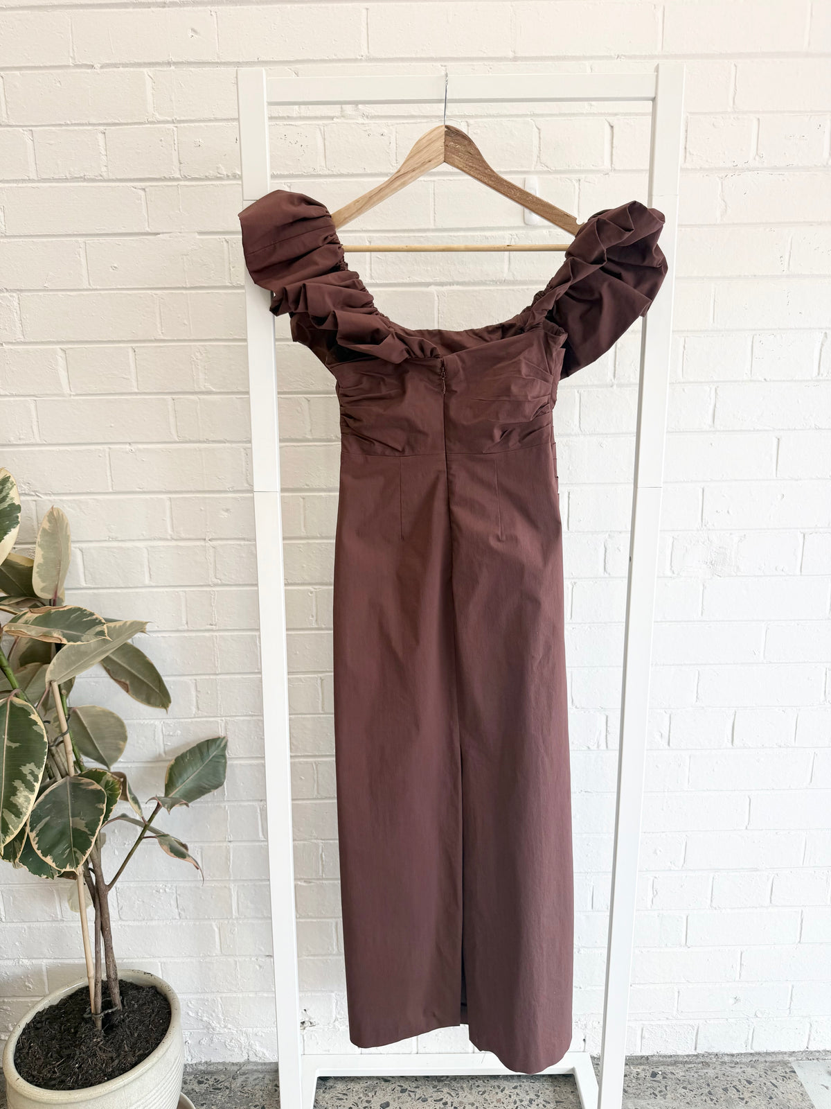Shona Joy Campbell Ruffle Draped Maxi Dress in Espresso - Size 8