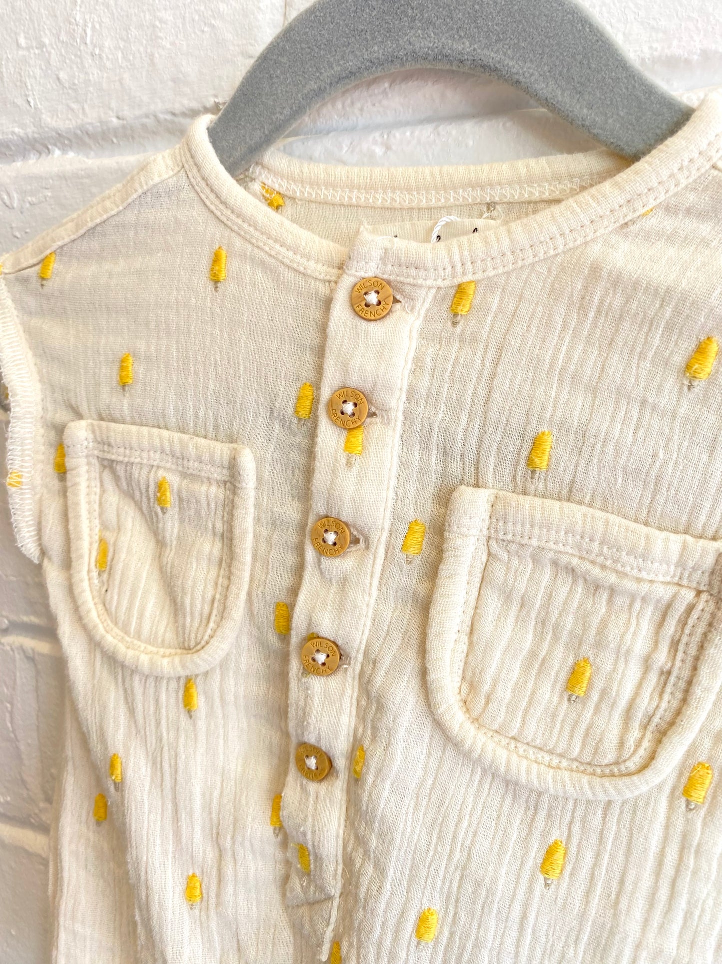 Wilson and Frenchy Cream and Yellow growsuit - Size 000