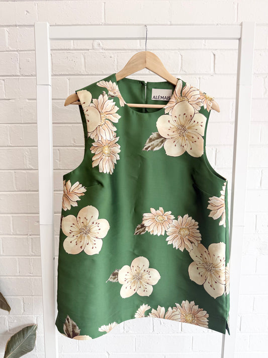 Alemais Sage Sleeveless Floral Satin Top in Green - Size 14