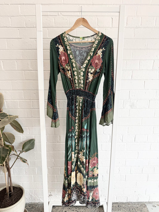 Farm Rio Encanto Floral Maxi Dress in Green - Size M (8)