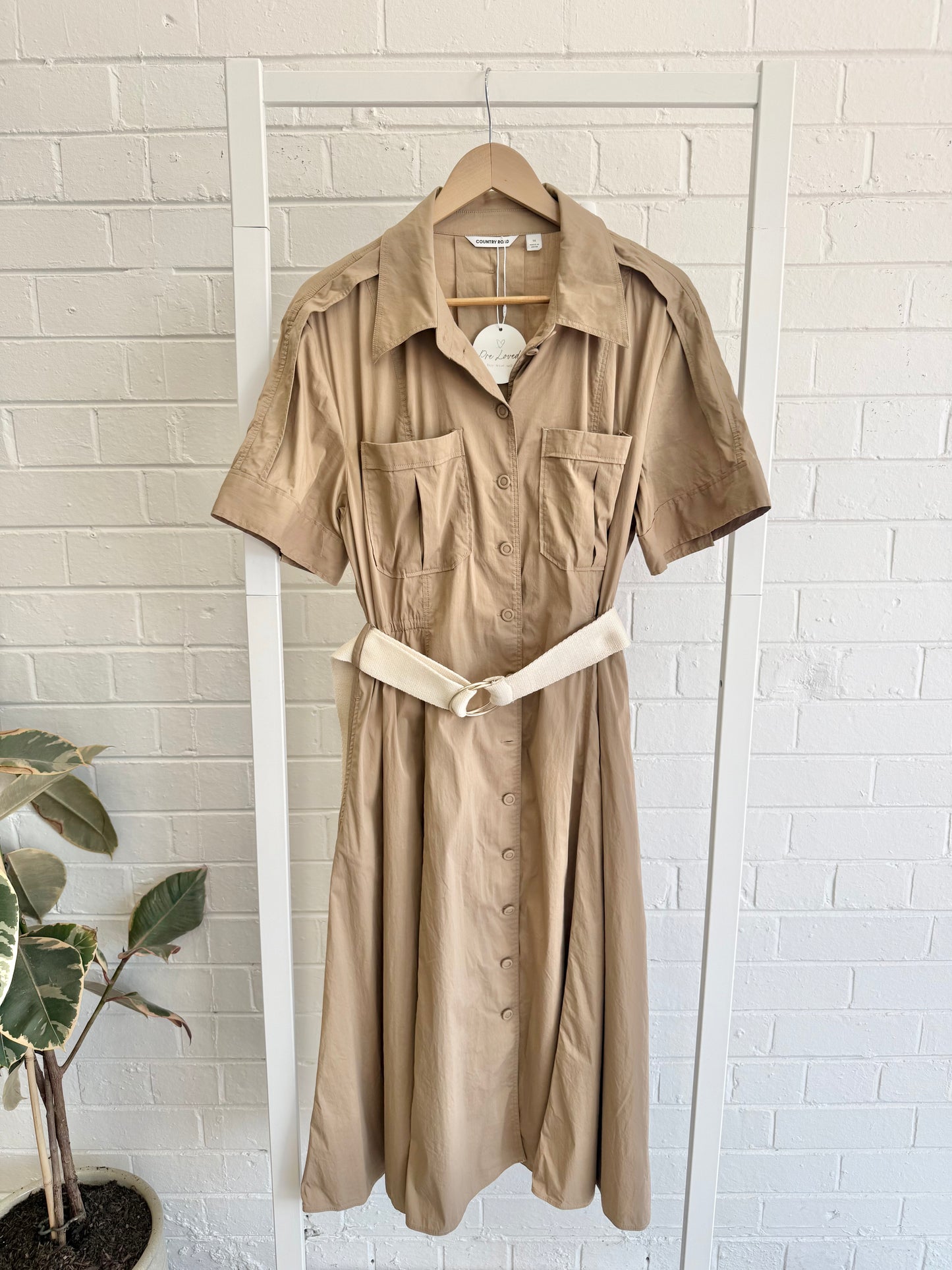 Country Road Belted Shirtdress in Tan - Size 14