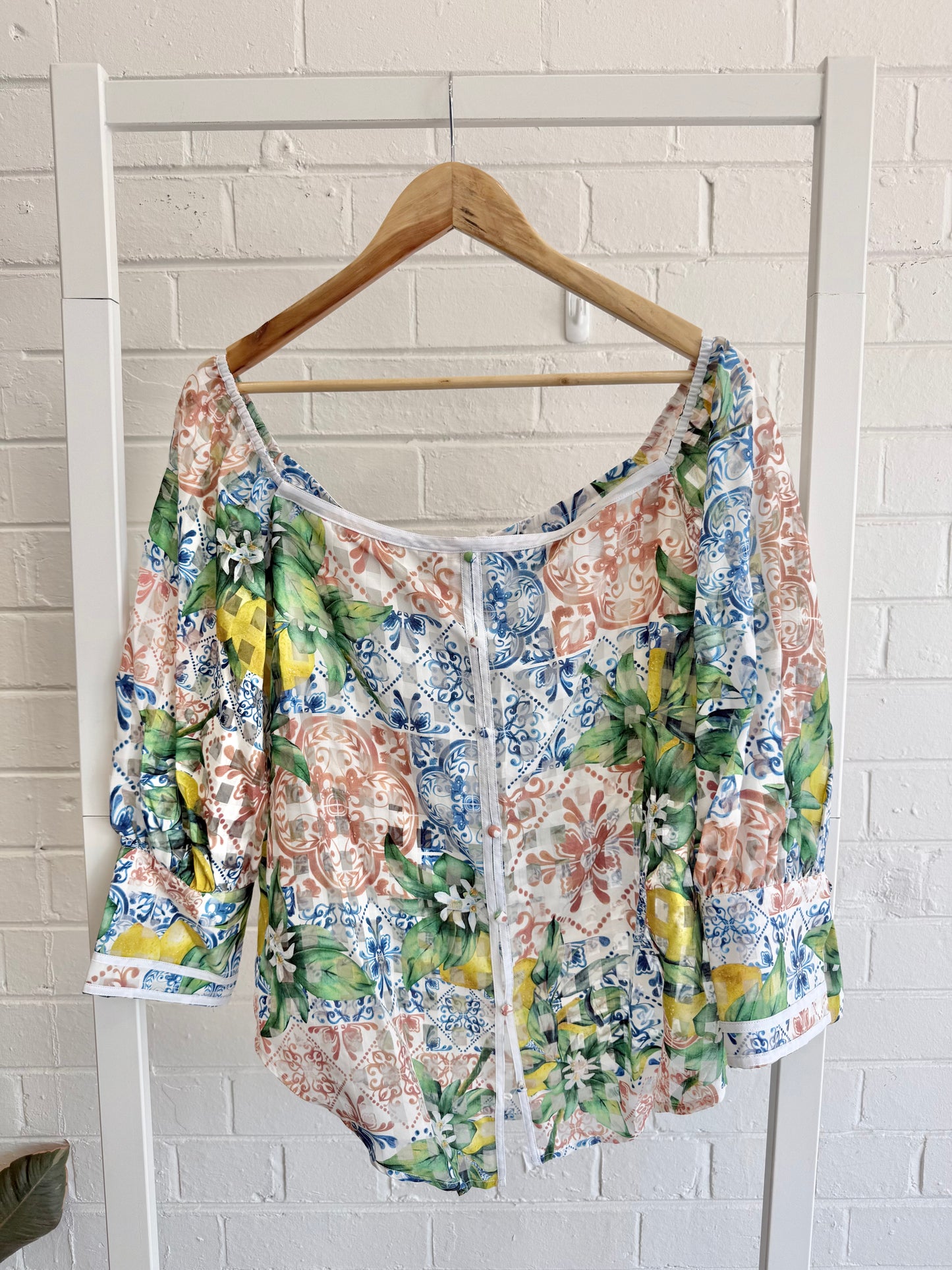 BNWT Once Was Lucia Off Shoulder Shirt – Limonata Print - Size 14
