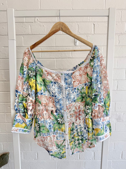 BNWT Once Was Lucia Off Shoulder Shirt – Limonata Print - Size 14