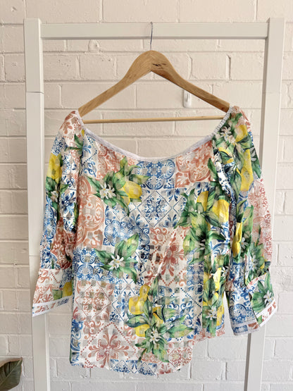 BNWT Once Was Lucia Off Shoulder Shirt – Limonata Print - Size 14